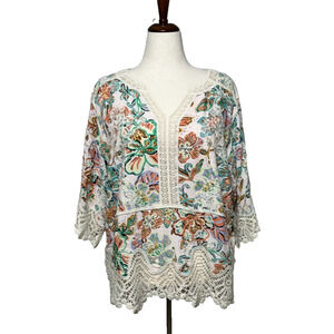 Democracy Top Women 2X Cream Blue Colorful Floral Crochet Trim Peplum Beachy NWT